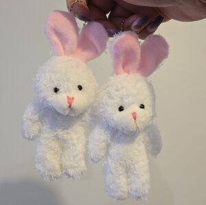 🍒🍒 2 Fluffy White and Pink Bunny Plush Charm Keychains